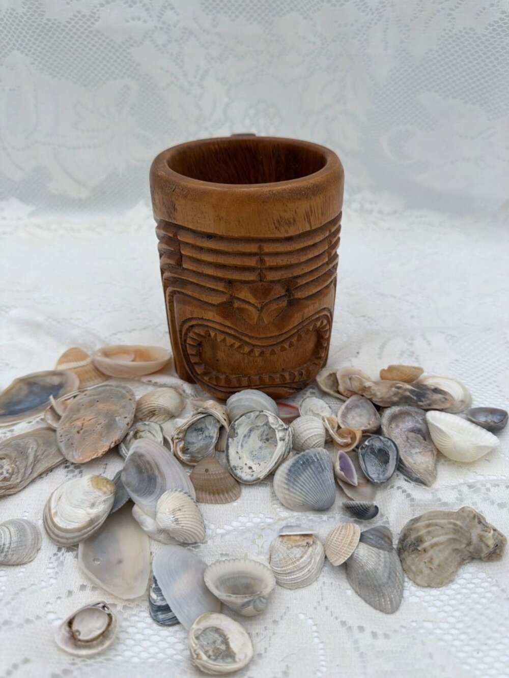 Vintage Hand Carved Wooden Tiki Face Coffee Mug Cup Hawaii Bar Ware Monkeypod